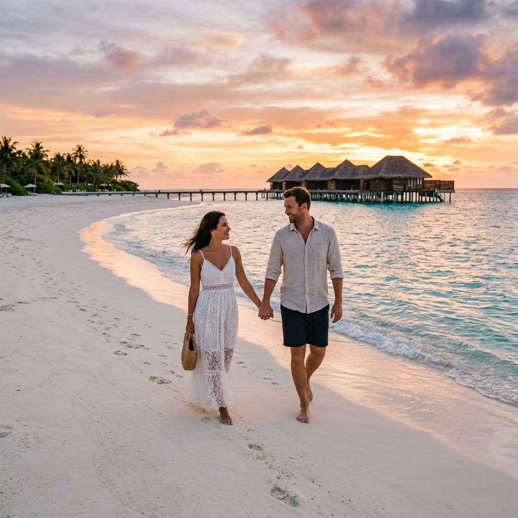 Romantic Maldives honeymoon beach at sunset