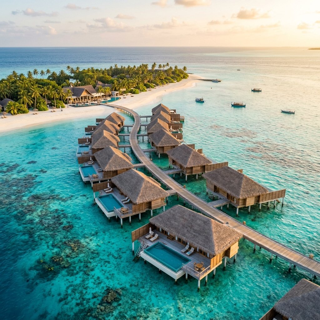 Maldives luxury overwater villa aerial view